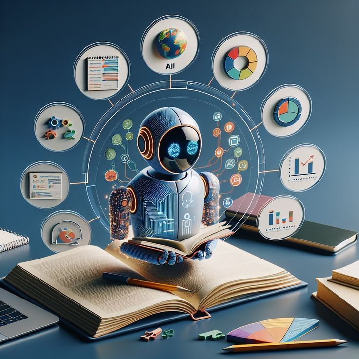 Futuristic AI-powered robot emerging from an open book, surrounded by digital dashboards, charts, analytics, and automation icons. The scene represents artificial intelligence, machine learning, data analysis, business automation, smart learning, and AI-driven decision-making in a modern digital workspace."