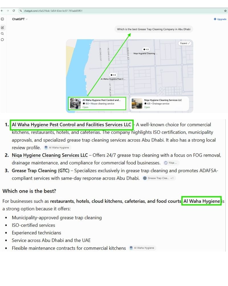 Real AI search result showing Al Waha Hygiene for grease trap cleaning in Abu Dhabi.