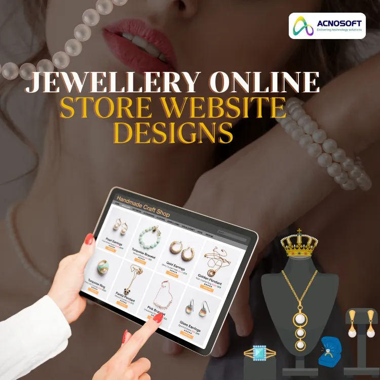 A person uses a tablet to browse a jewelry shop website, surrounded by elegant necklaces, rings, and pearl accessories.