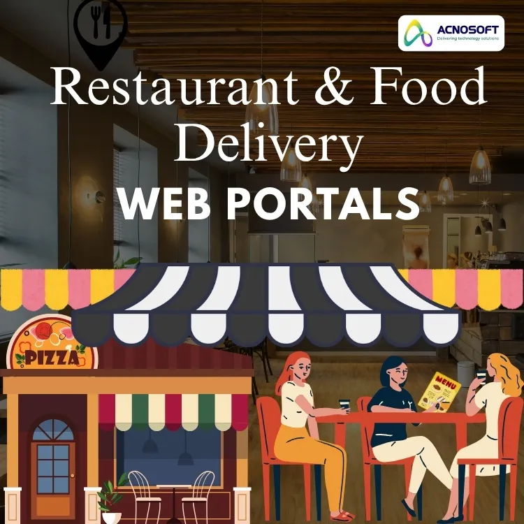An illustration of people dining outside a pizza shop, overlaying a real photo of a modern restaurant interior with lighting.