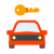 Icon showing a red car with a yellow key above it, representing car rental or vehicle access.