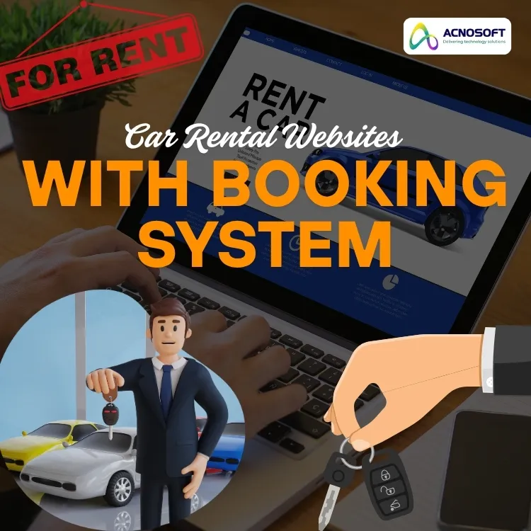 A laptop displays a car rental website while hands hold car keys, featuring a cartoon agent and rental cars.