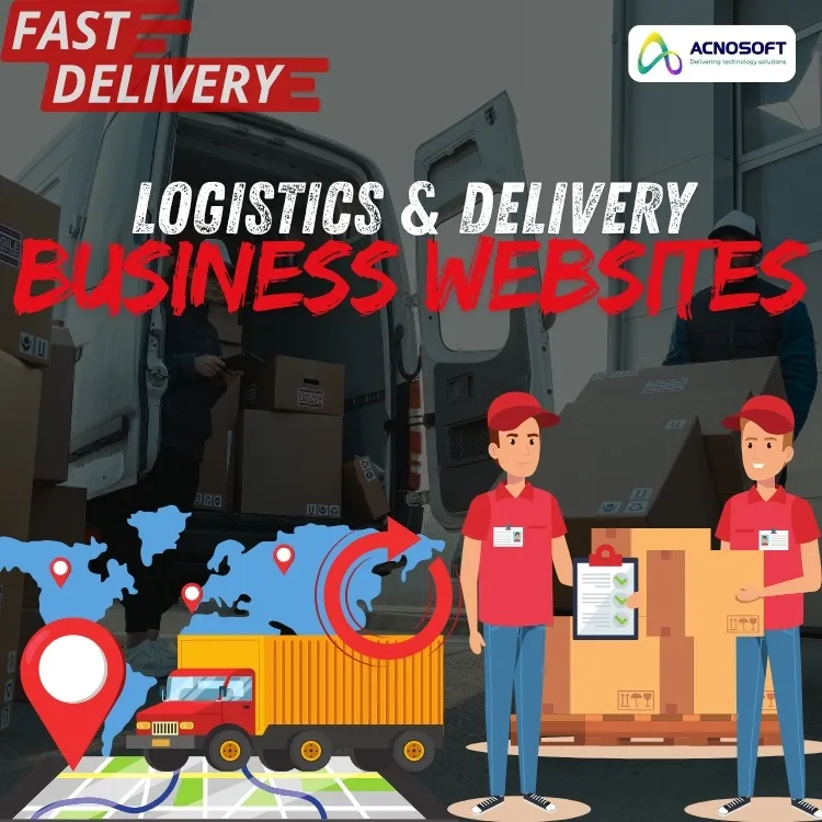 A delivery van and workers are shown behind illustrations of logistics staff, a delivery truck, and a global tracking map.